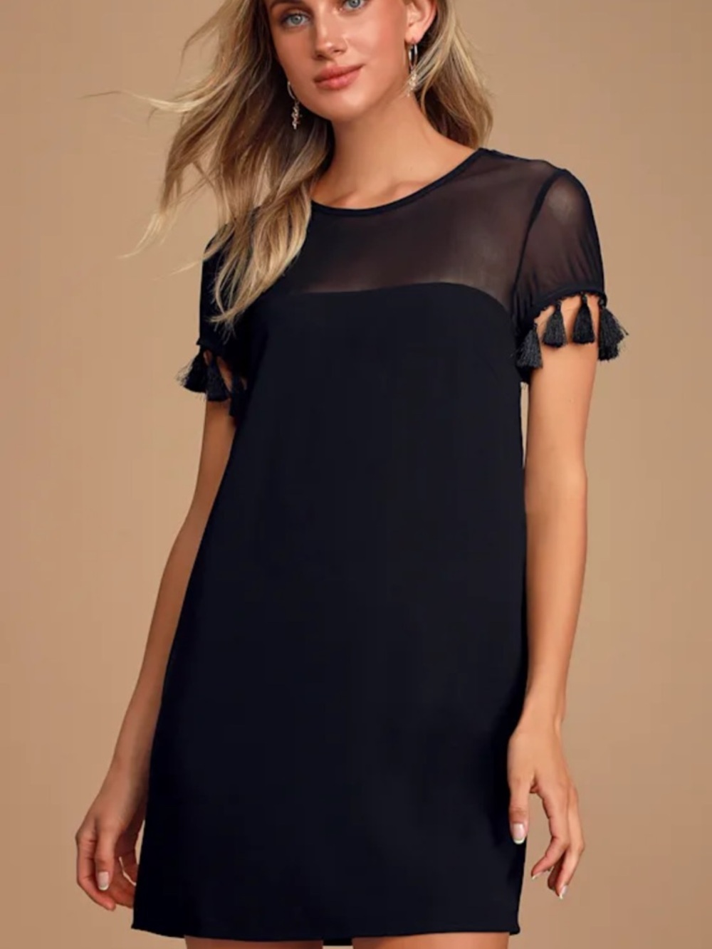 Lulu's Black Sheer Yoke Tassel Sleeve Shift Dress